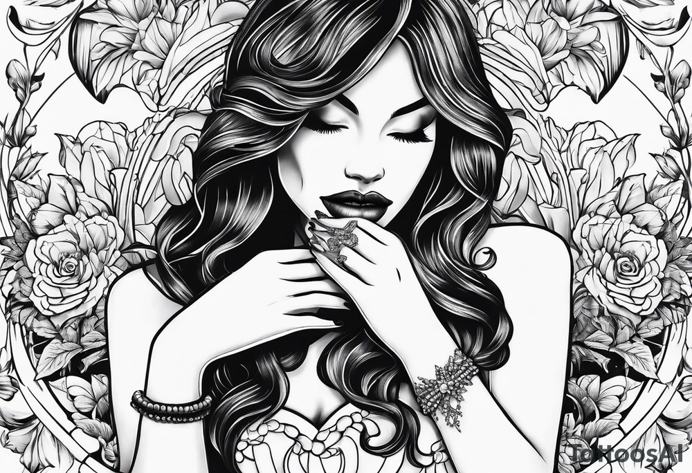 two lady hands holding a white, shiny tooth tattoo idea