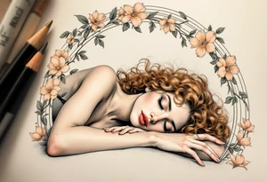 Alfons Mucha’s romantic portrait of a woman with chestnut curls, resting beneath an arched frame of bronze and peach blossoms. tattoo idea