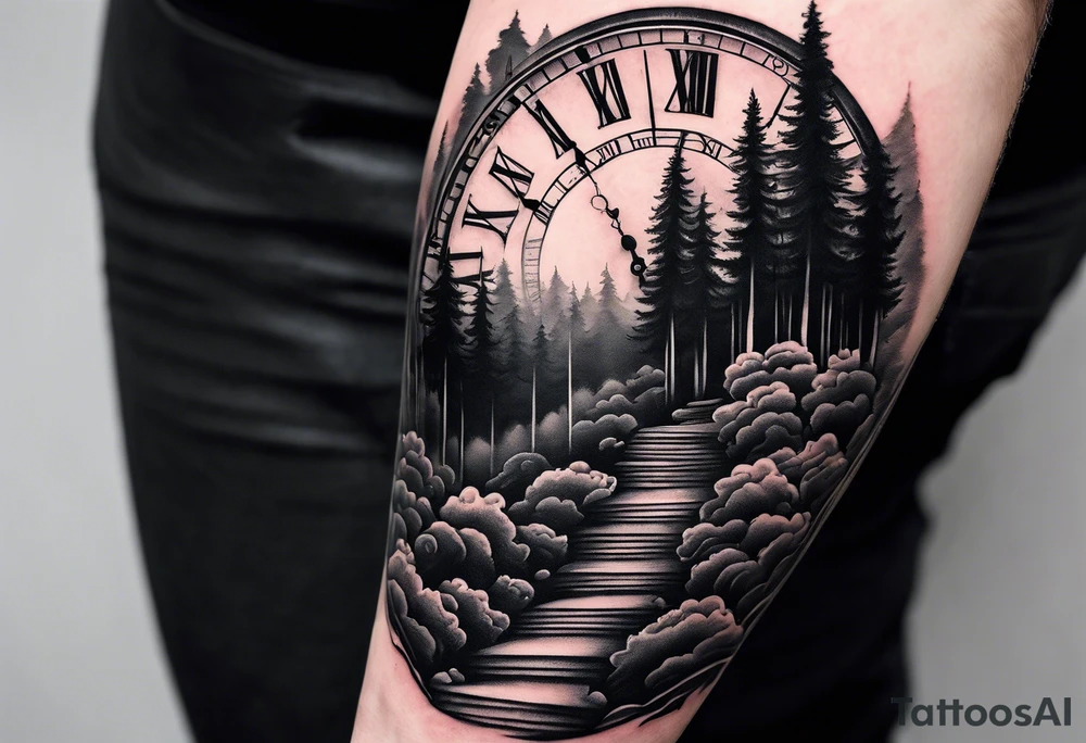 forearm sleeve, time, stairs, forest tattoo idea