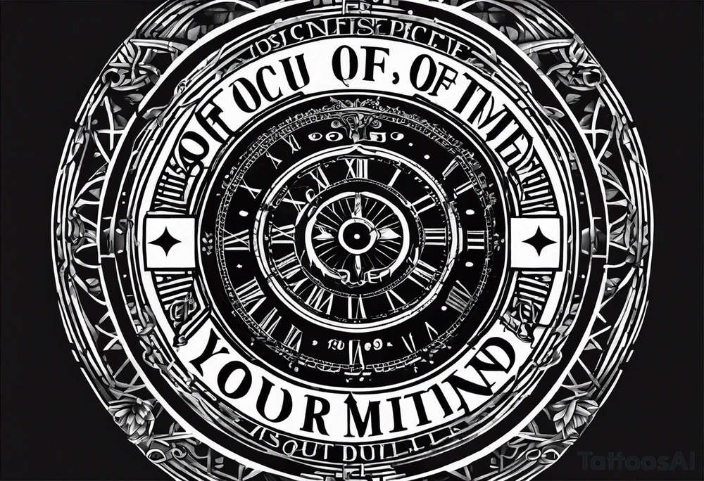 a bold text saying Discipline in the center of the screen with small other texts like "get out of your mind" and "your time is limited " and " be yourself"  also add geometric lines to it tattoo idea