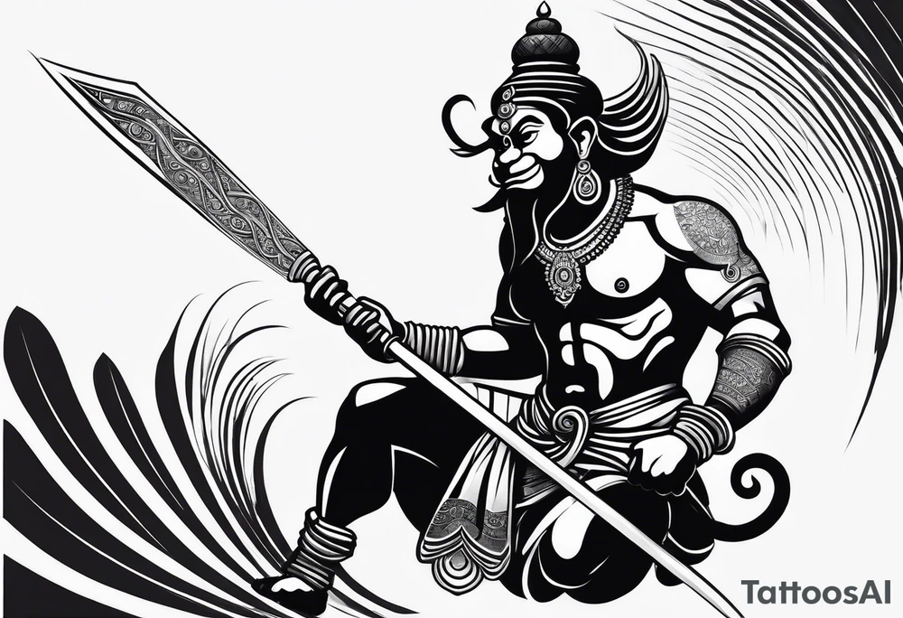 A simplified depiction of Hanuman, focusing on clean lines and minimal detail to capture his essence. Key features like his face, his mace (gada), and his posture could be subtly defined, without overwhelming detail. Avoid intricate textures, focusing more on silhouette and key symbolic elements.

ensure his entire body and tail 
can be seen tattoo idea