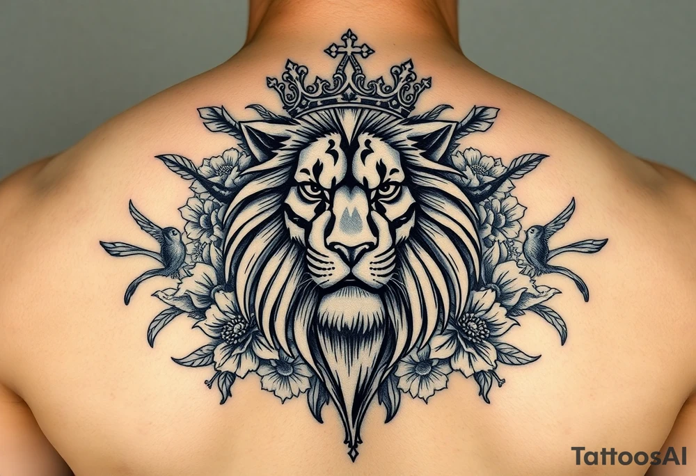 powerful majestic lion with a crown, surrounded by floral ornaments and birds tattoo idea