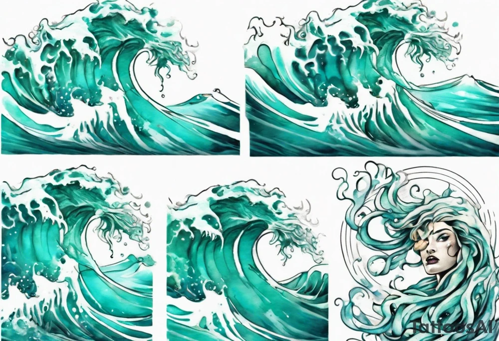 a beautiful turquoise gorgon emerging from an ocean wave, crashing onto the shore tattoo idea