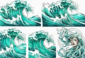 a beautiful turquoise gorgon emerging from an ocean wave, crashing onto the shore tattoo idea