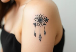 Feminine fine line flowers with a dream catcher tattoo idea