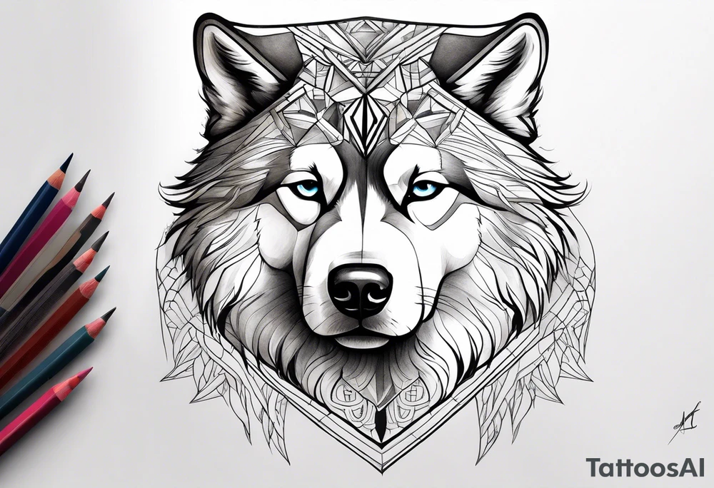 malamute half realistic half geometric tattoo idea