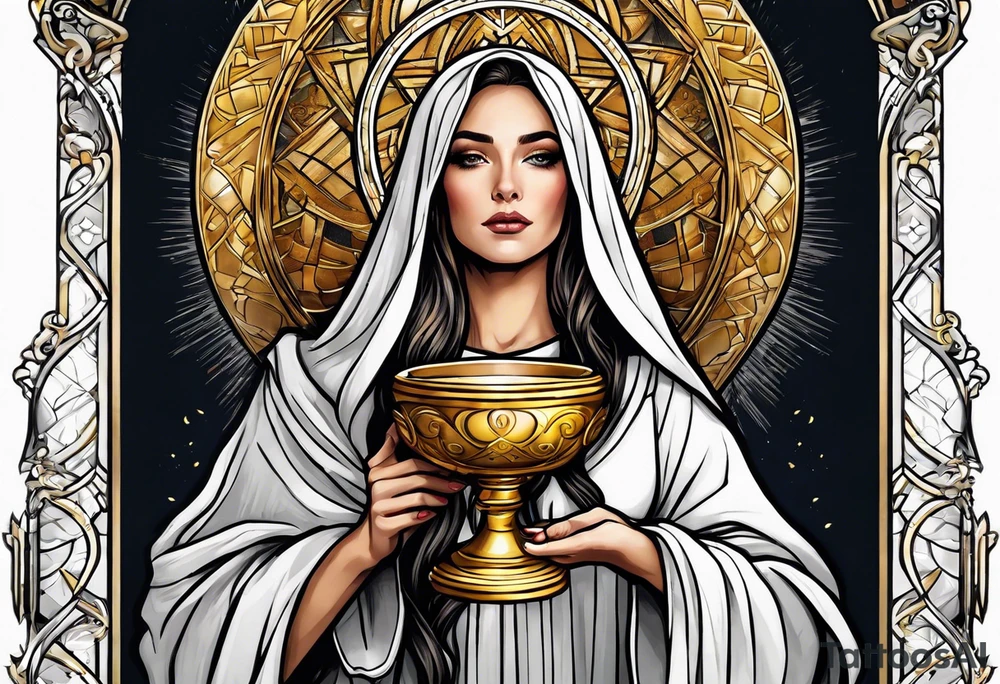 woman saint holding chalice surrounded by golden halo tattoo idea
