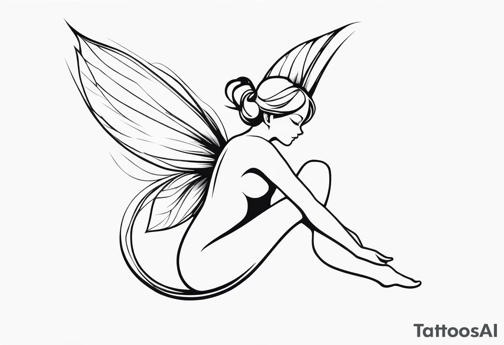 Minimalistic, monochromatic fairy with a tail flying to the left in a fetal position, leaning and looking in the same direction, with visible hands, embodying the 'Fairy Tail' logo aesthetic. tattoo idea