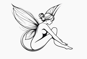 Minimalistic, monochromatic fairy with a tail flying to the left in a fetal position, leaning and looking in the same direction, with visible hands, embodying the 'Fairy Tail' logo aesthetic. tattoo idea