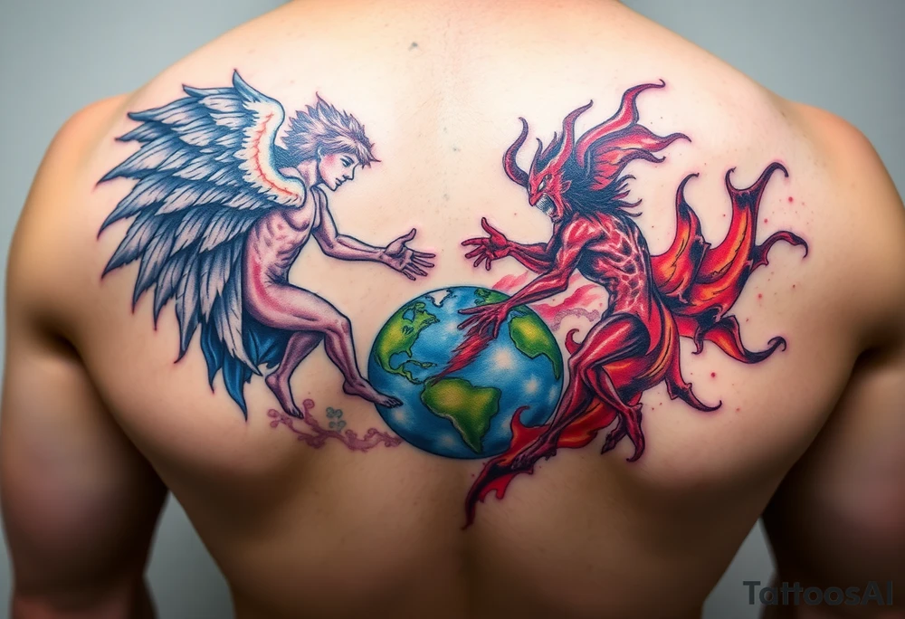 Heaven and hell fighting each other on earth tattoo idea