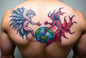 Heaven and hell fighting each other on earth tattoo idea