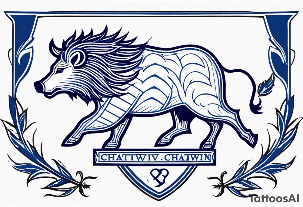 A classic tribal Celtic boar Integrated with a Chatwin, family crest and a Thistle. Simple with few lines. Blue and gold Chevron Chatwin family crest With the name, Chatwin and a Thistle tattoo idea