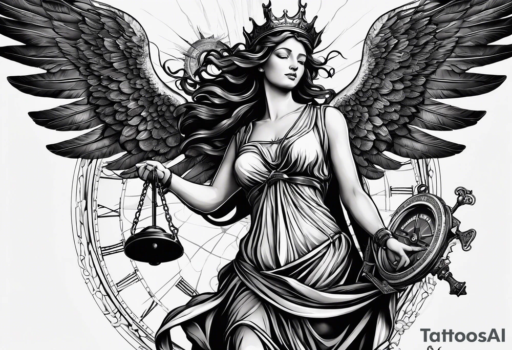 Imagine goddess Justitia with two wings, one angelic, one dark /ravenish. She holds a compass and a scale. There is a banderole wrapped around her body with the expression „MEMENTO VIVERE“ on it. tattoo idea