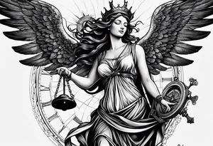 Imagine goddess Justitia with two wings, one angelic, one dark /ravenish. She holds a compass and a scale. There is a banderole wrapped around her body with the expression „MEMENTO VIVERE“ on it. tattoo idea
