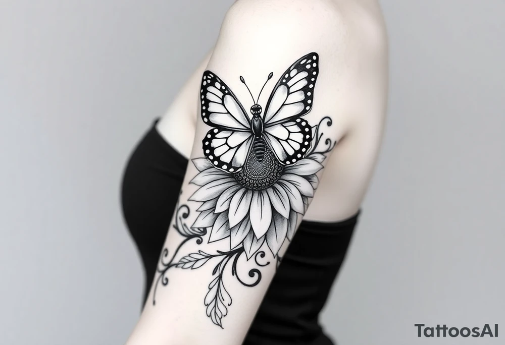 Bohemian style butterfly sitting on a stylized  sunflower with mandala petals on a swirly flourishing vine tattoo idea