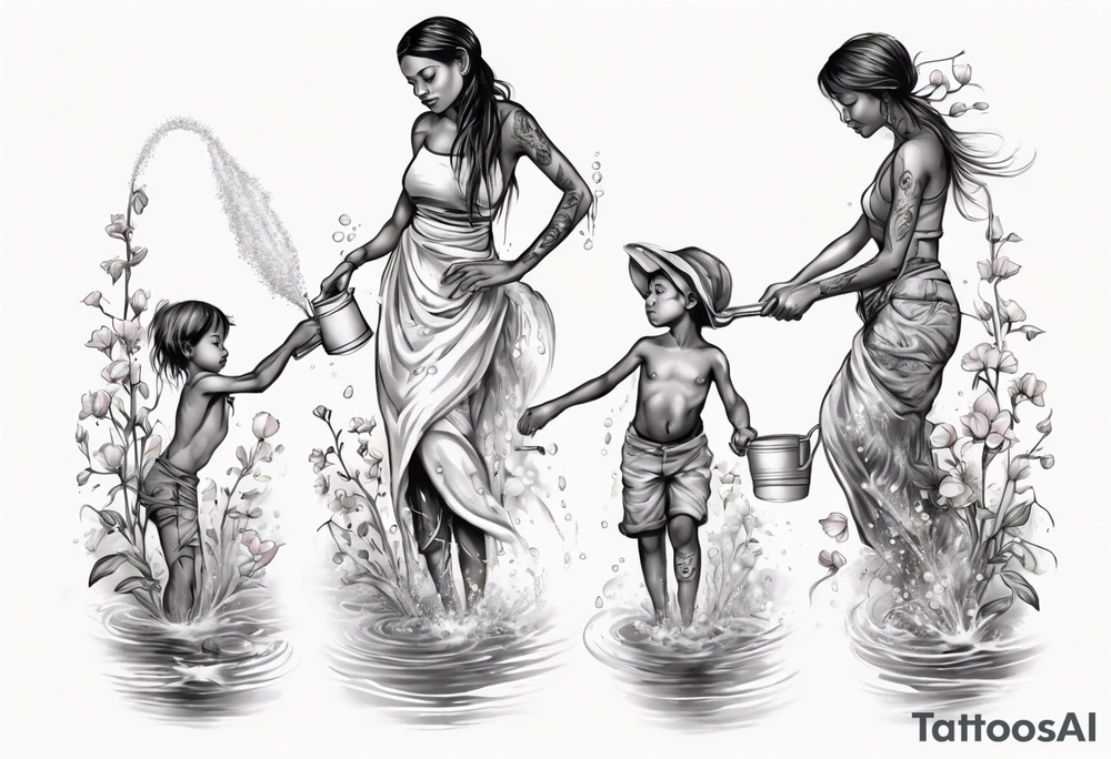 ethnic 
water-bearing woman and two little boys, watering sweet pea flowers cascading down, (leg art) tattoo idea