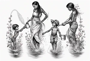 ethnic 
water-bearing woman and two little boys, watering sweet pea flowers cascading down, (leg art) tattoo idea