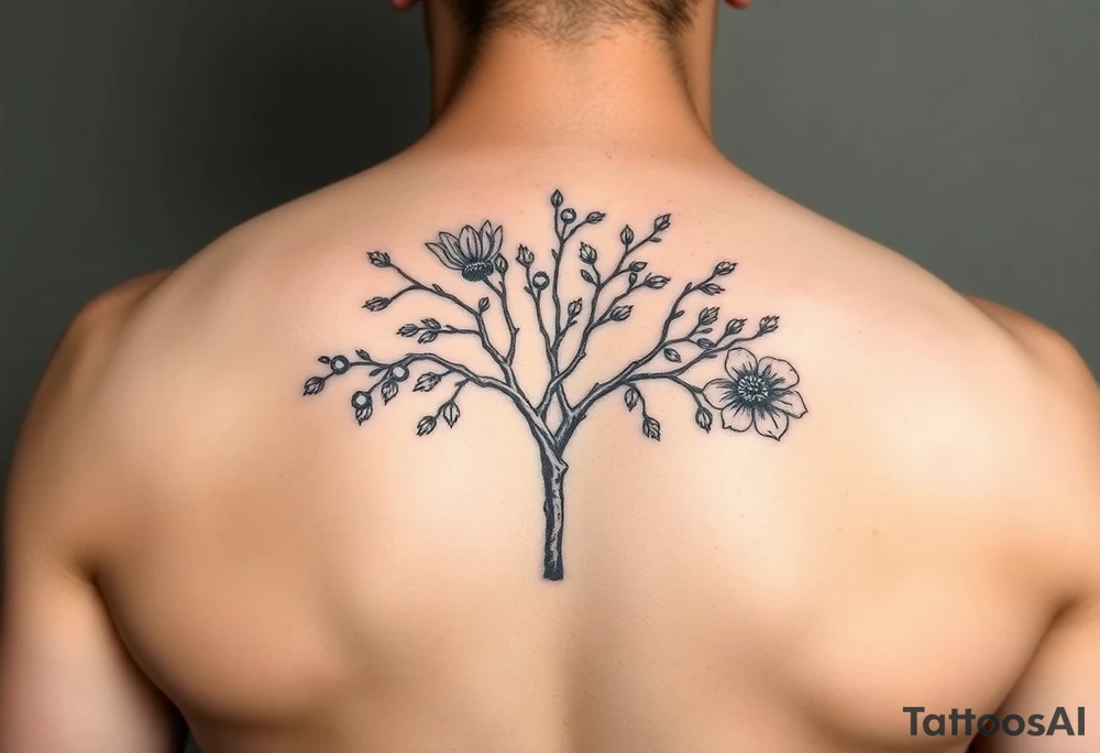 rowan tree tattoo with berries and large florals tattoo idea