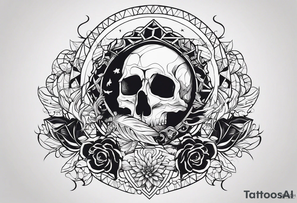 diseña un tatuaje que incluya un cuervo, algo de carácter táctico, con una imagen mas bien abstracta y la palabra memento mori, que el diseño sea sencillo, mas bien lineal. tattoo idea