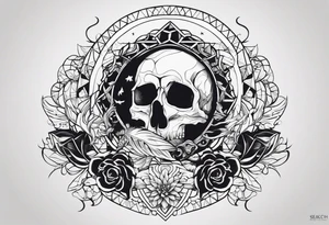 diseña un tatuaje que incluya un cuervo, algo de carácter táctico, con una imagen mas bien abstracta y la palabra memento mori, que el diseño sea sencillo, mas bien lineal. tattoo idea