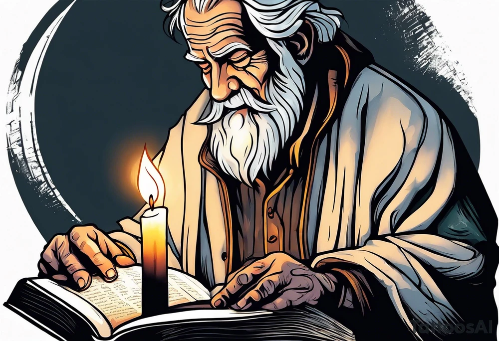 old man beggar reading a holy bible by candle light tattoo idea
