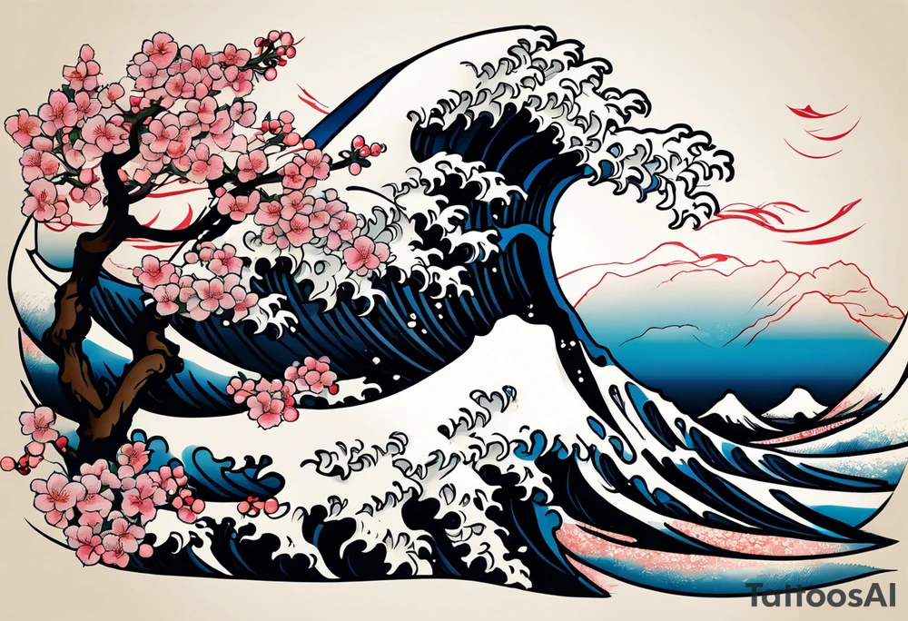 Hokusai great wave, inside two black lines, with some cherry trees. Tattoo for a man' s wrist tattoo idea