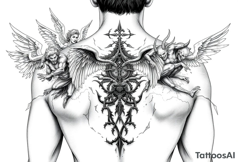 A battle between multiple angels and demons while a father guides his son through the path of life showing battle wounds on back on his way to the gates of heaven tattoo idea