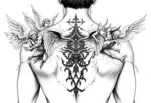 A battle between multiple angels and demons while a father guides his son through the path of life showing battle wounds on back on his way to the gates of heaven tattoo idea