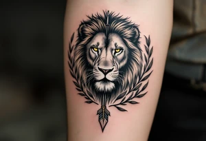 a spiritual lion with yellow eyes that come down an arrow and surrounded by a olive tree leaf around tattoo idea