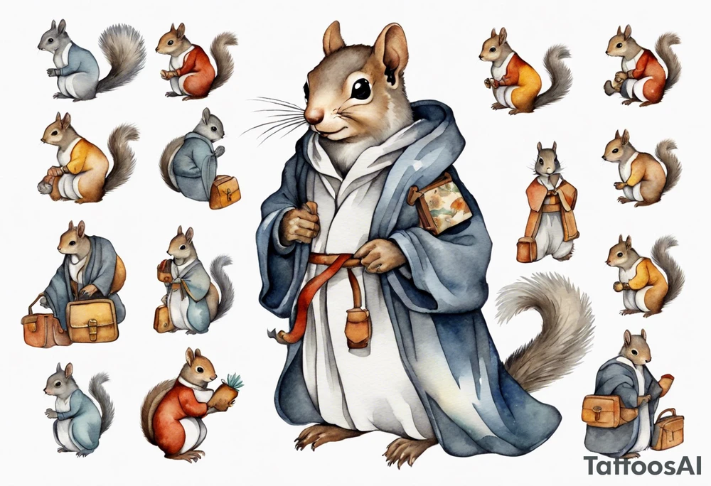 medieval grey squirrel in robe carrying a large satchel tattoo idea