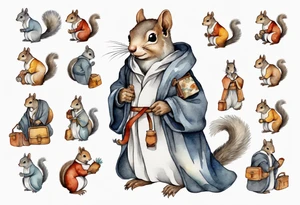 medieval grey squirrel in robe carrying a large satchel tattoo idea