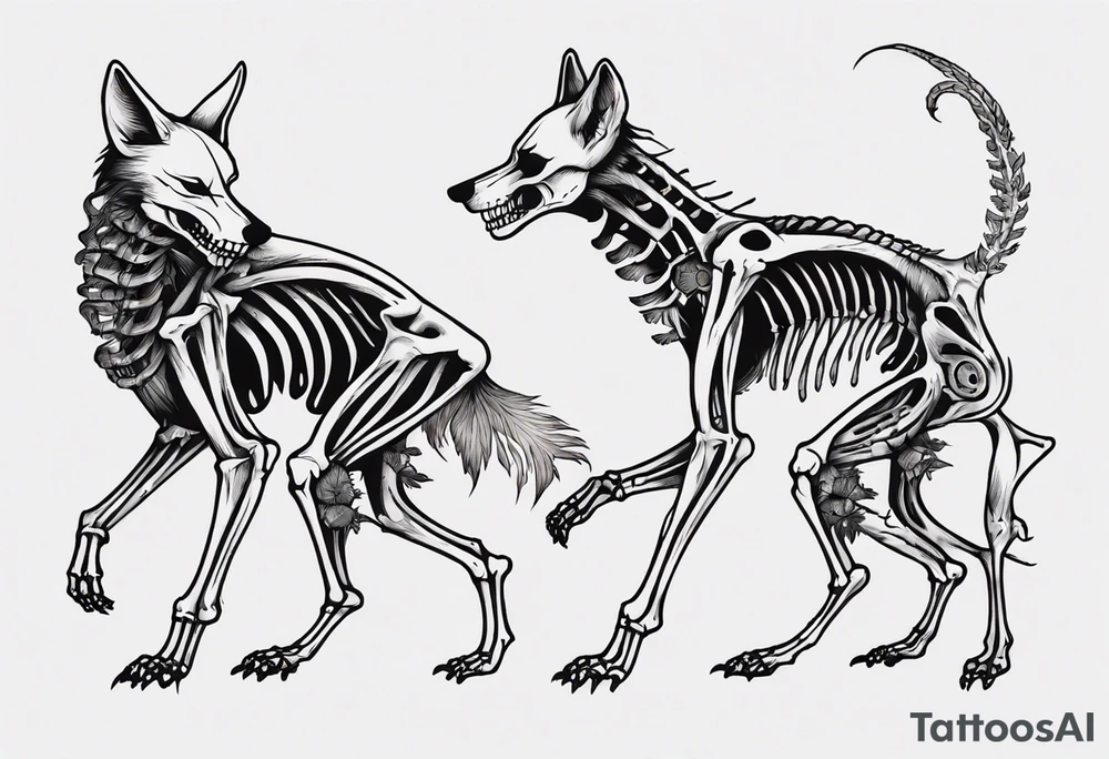 two wolf skeletons dancing with bone tails and bone ears tattoo idea