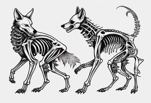 two wolf skeletons dancing with bone tails and bone ears tattoo idea