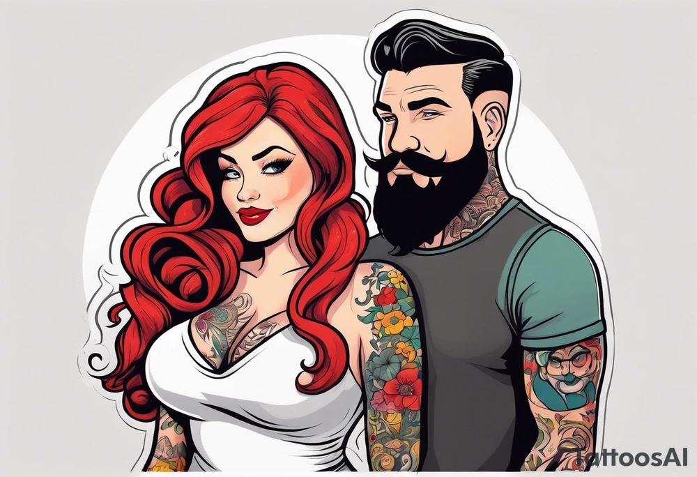 Busty Red haired woman with black haired bearded man tattoo idea