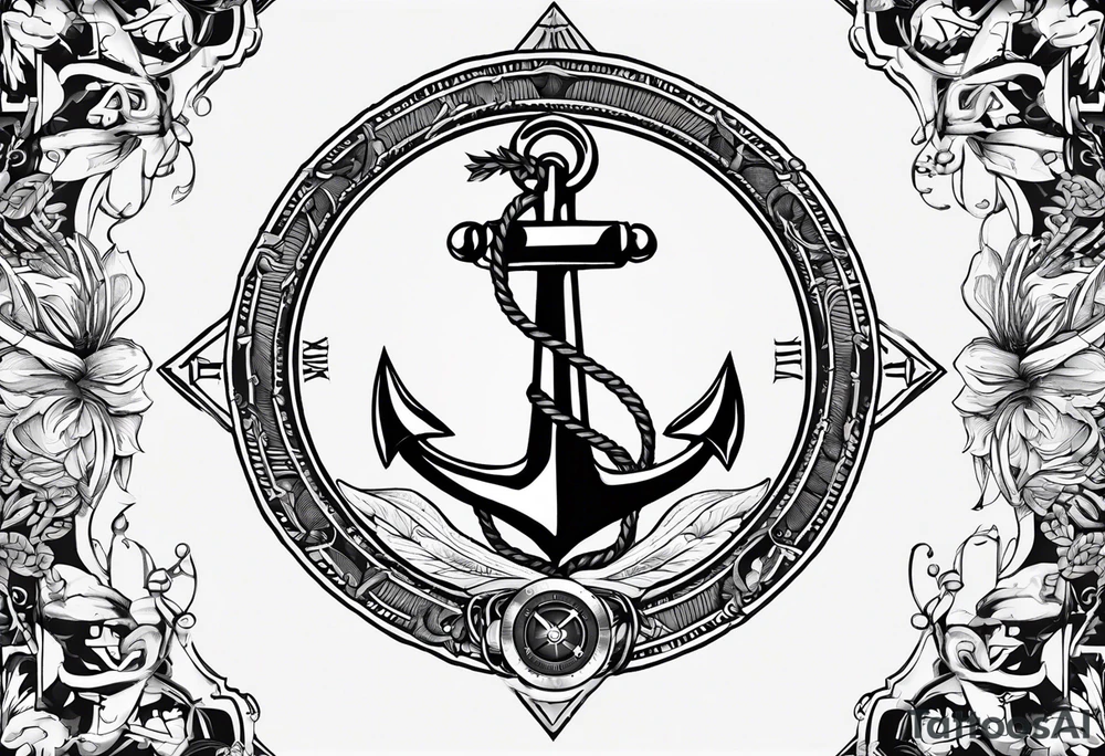 A selucid style anchor in front of a compass with north south east west marked on it and a narrow laurel wreathe wrapped around the compass tattoo idea