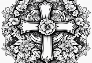 A wood cross with flowers surrounding it tattoo idea