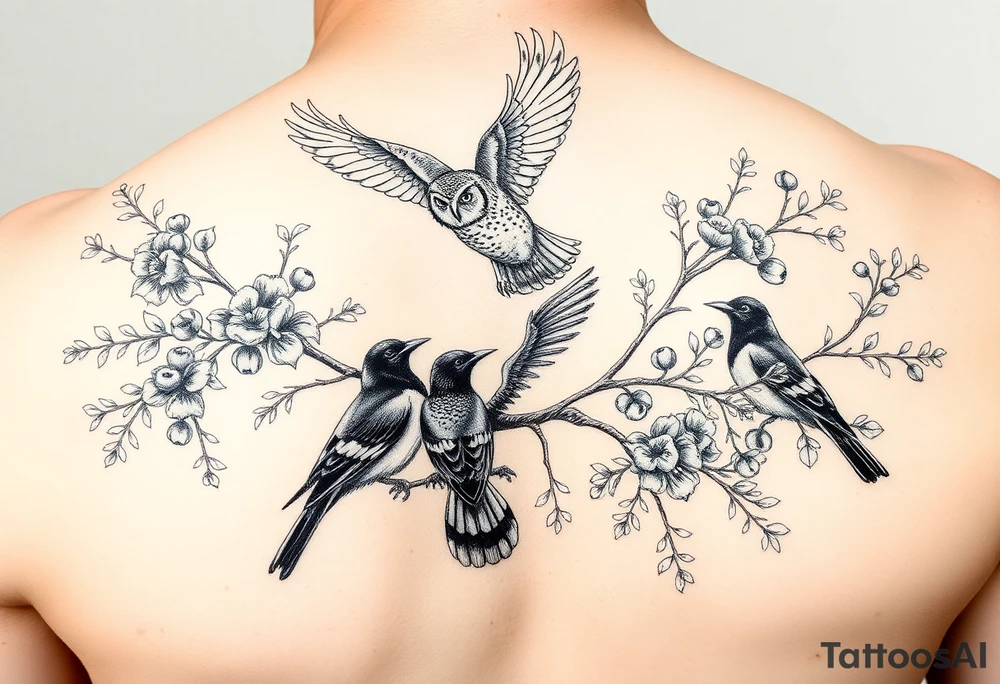 a fineline rowan tree branch with berries and florals. The florals should be large and the branches should have berries. add an owl in flight, plus two other large birds (magpies) that are entwined in the branches tattoo idea