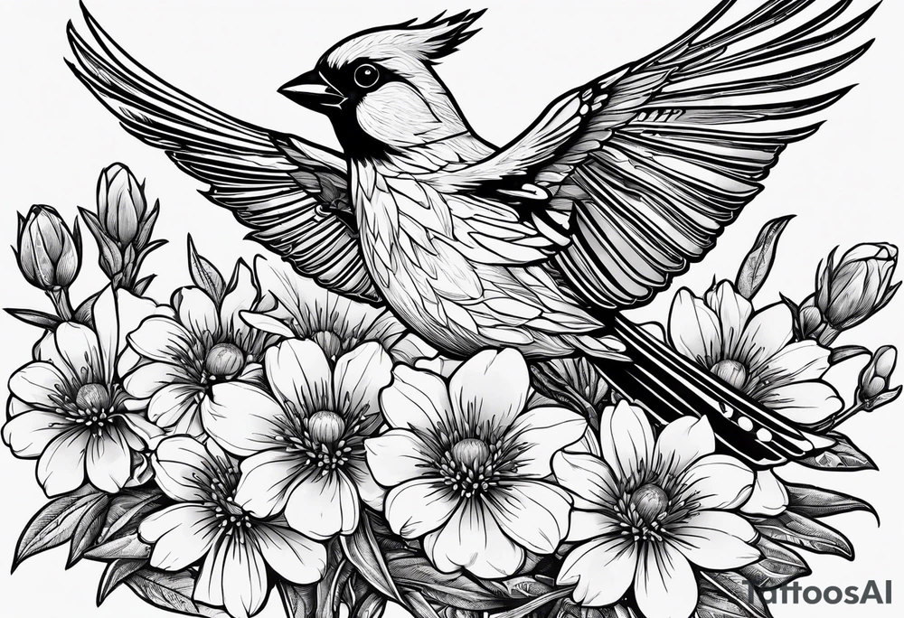 Aster flowers and sea rocket flowers with a cardinal around the words Dad tattoo idea