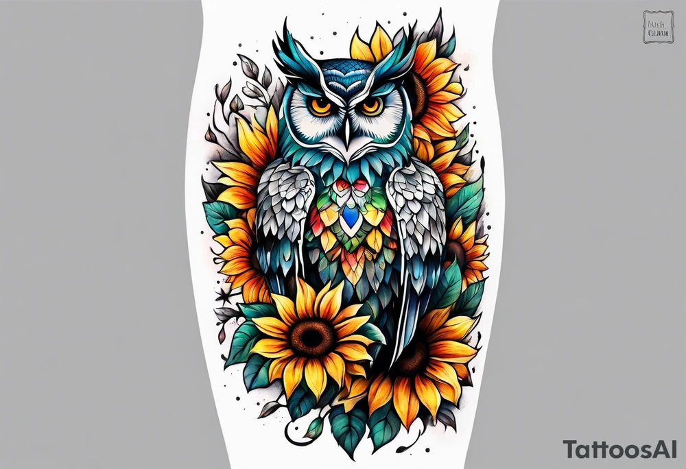 Leg sleeve with colorful sunflowers and an owl tattoo idea