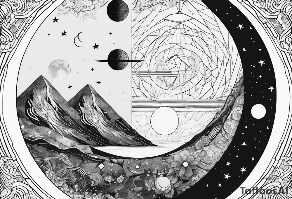 a simple design incorporate moon, jupiter and goddess, with stippled shading and geometric elements, white background tattoo idea