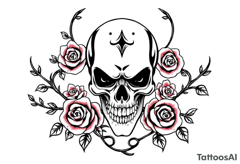 gothic skull intertwined with climbing roses and thorny vines tattoo idea