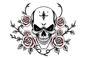gothic skull intertwined with climbing roses and thorny vines tattoo idea