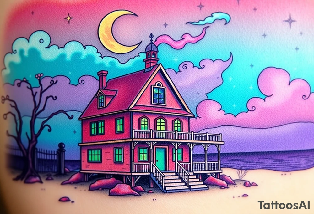 Tim Burton’s haunted pastel beach home is abandoned and dripping with muted reds, dusty pinks, and eerie green glow.purple and cyan smokey clouds swirl in the crescent moonlit sky thats sprinkled with stars tattoo idea tattoo idea