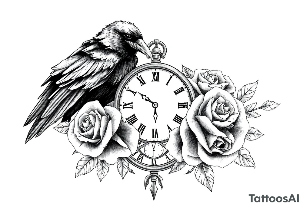 raven,roses,clock. tattoo idea