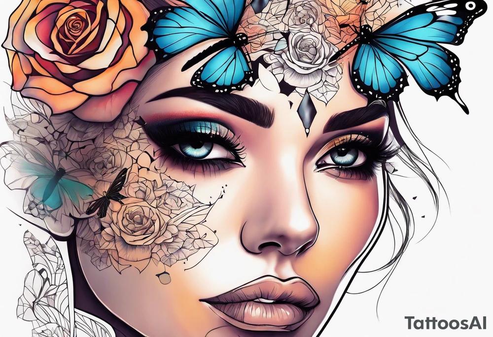 Sunset, rose, butterflies, dragonflies, woman half face with tears tattoo idea