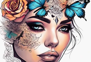 Sunset, rose, butterflies, dragonflies, woman half face with tears tattoo idea