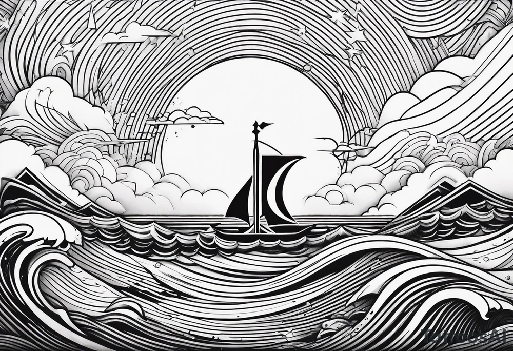 Geometric, sword, lightning bolt and waves tattoo idea