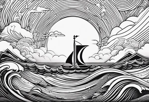 Geometric, sword, lightning bolt and waves tattoo idea
