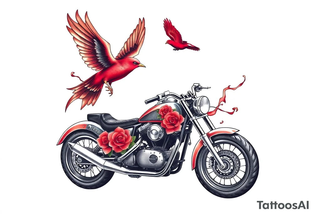 Motorcycle, red bird flying, roses and lace, flames tattoo idea