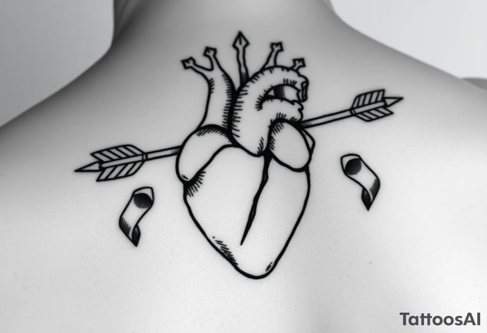 anatomical heart pierced by ornate arrow with flowing ribbons tattoo idea